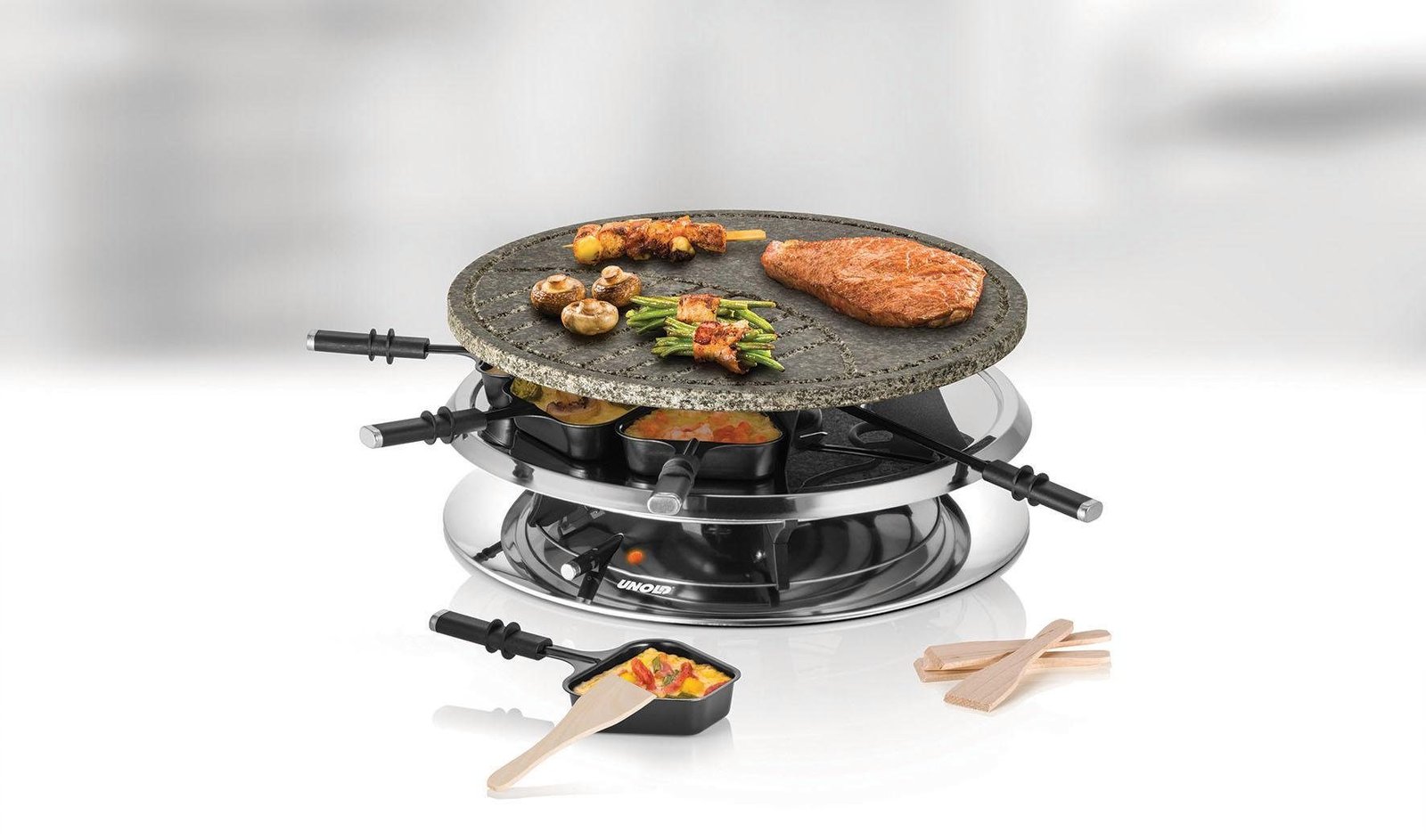 Unold Unold Raclette und Fondue-Set Multi 4 in 1 - 48726, 8 Raclettepfännchen, 1300 W Raclette