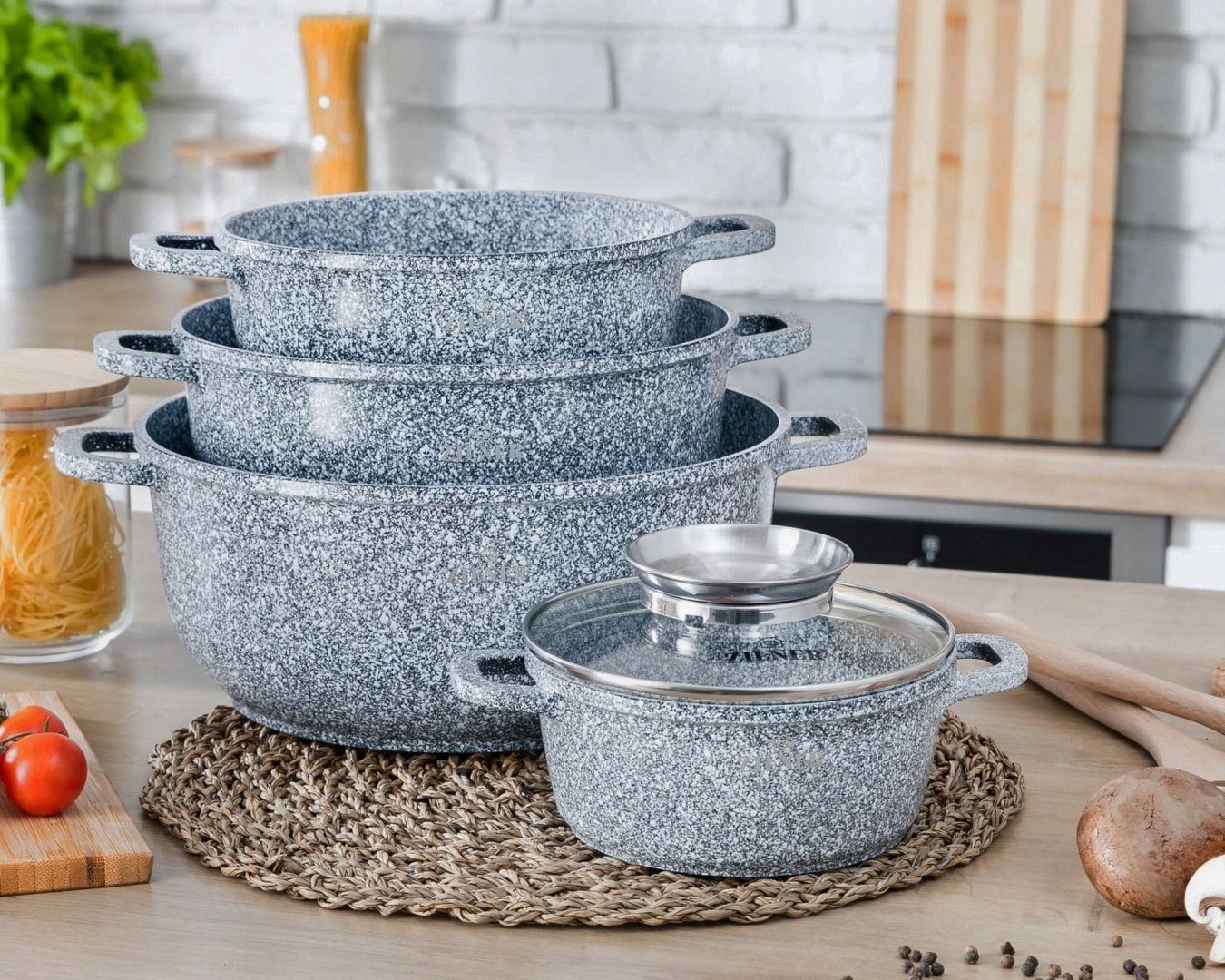 Zilner Zilner Topf-Set Graue Töpfe mit Keramik-marmorbeschichtung, Induktionstöpfe, Aluminiumguss (Topfset, 8-tlg., Zeitloses Design des Topfsets. Eine ideale Geschenkidee) Topfsets