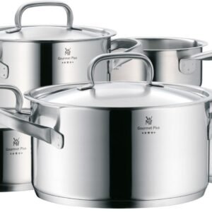 WMF Topf-Set Gourmet Plus, Induktions Töpfe Set unbeschichtet mit Metalldeckel, Cromargan® Edelstahl Rostfrei 18/10 (Set, 5-tlg., 1 Bratentopf Ø 20 cm, Fleischtopf Ø 16/20/24 cm, Kasserolle Ø 16 cm), Innenskalierung, spülmaschinengeeignet, für alle Herdarten geeignet Topfsets WMF
