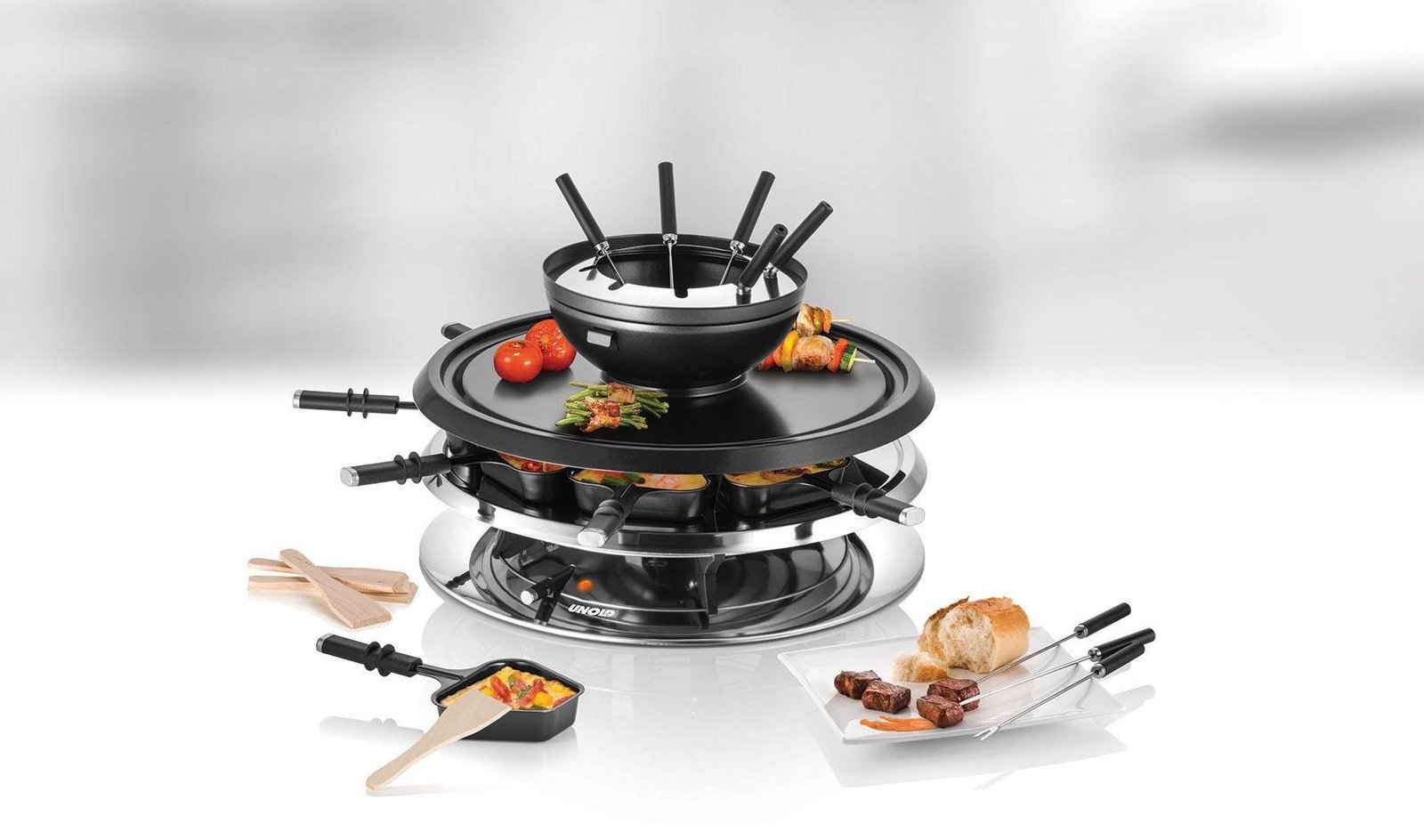 Unold Unold Raclette und Fondue-Set Multi 4 in 1 - 48726, 8 Raclettepfännchen, 1300 W Raclette