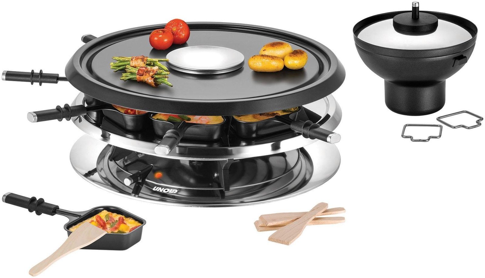 Unold Unold Raclette und Fondue-Set Multi 4 in 1 - 48726, 8 Raclettepfännchen, 1300 W Raclette