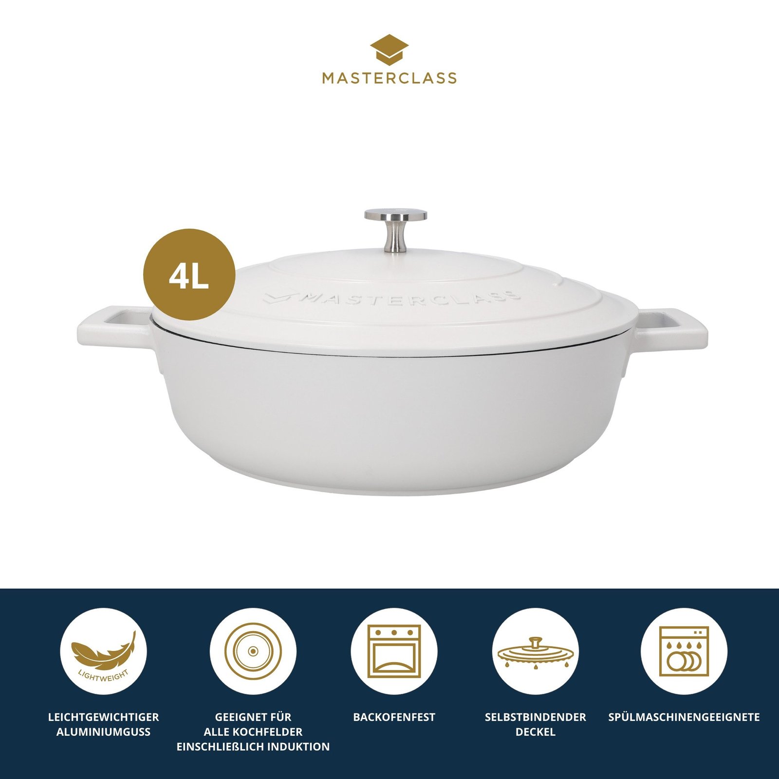 MasterClass MasterClass Kasserolle MasterClass, Aluminiumguss, flach, 2,5 L, ultraleicht, kratzfeste Antihaftbeschichtung, Induktion Cremefarbig Kasserollen