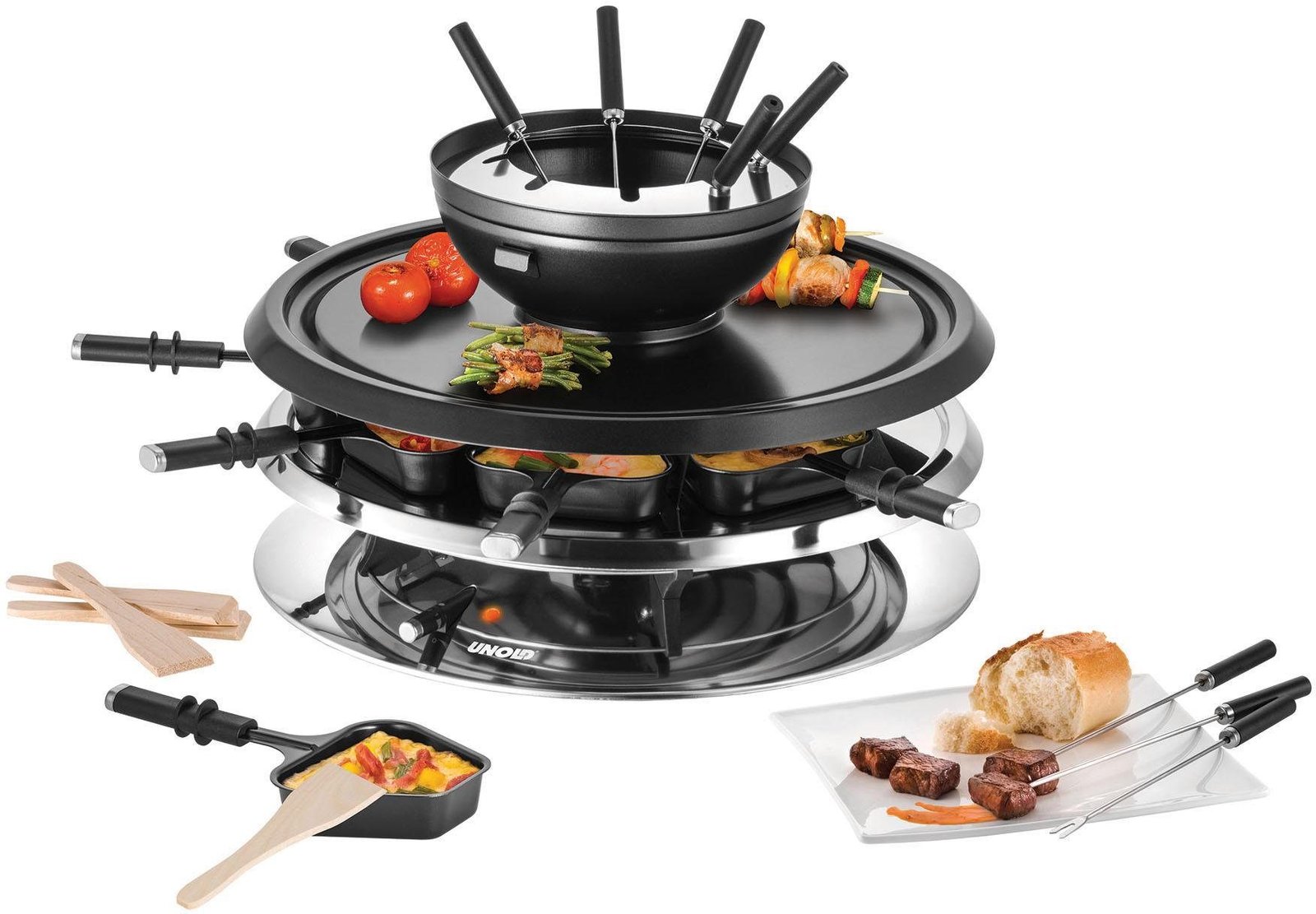 Unold Unold Raclette und Fondue-Set Multi 4 in 1 - 48726, 8 Raclettepfännchen, 1300 W Raclette