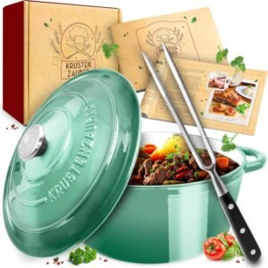 Krustenzauber Schmortöpfe Krustenzauber Schmortopf Gusseisen Topf [inkl. Fleischgabel] backofengeeignet, (Idealer Bräter mit Deckel Backofengeeignet, Kochtopf Induktion, Emaille, Bratentopf Cast Iron) Grün