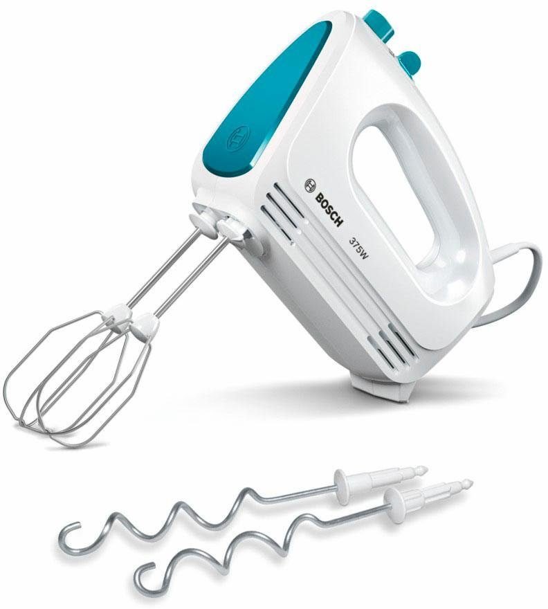 BOSCH Handmixer CleverMixx MFQ2210D, Edelst. Rührbesen/Knethaken, 4 Stufen, weiß/blau, 375 W, Auswurftaste, leichtes Gehäuse, Made in Europe BOSCH Handmixer