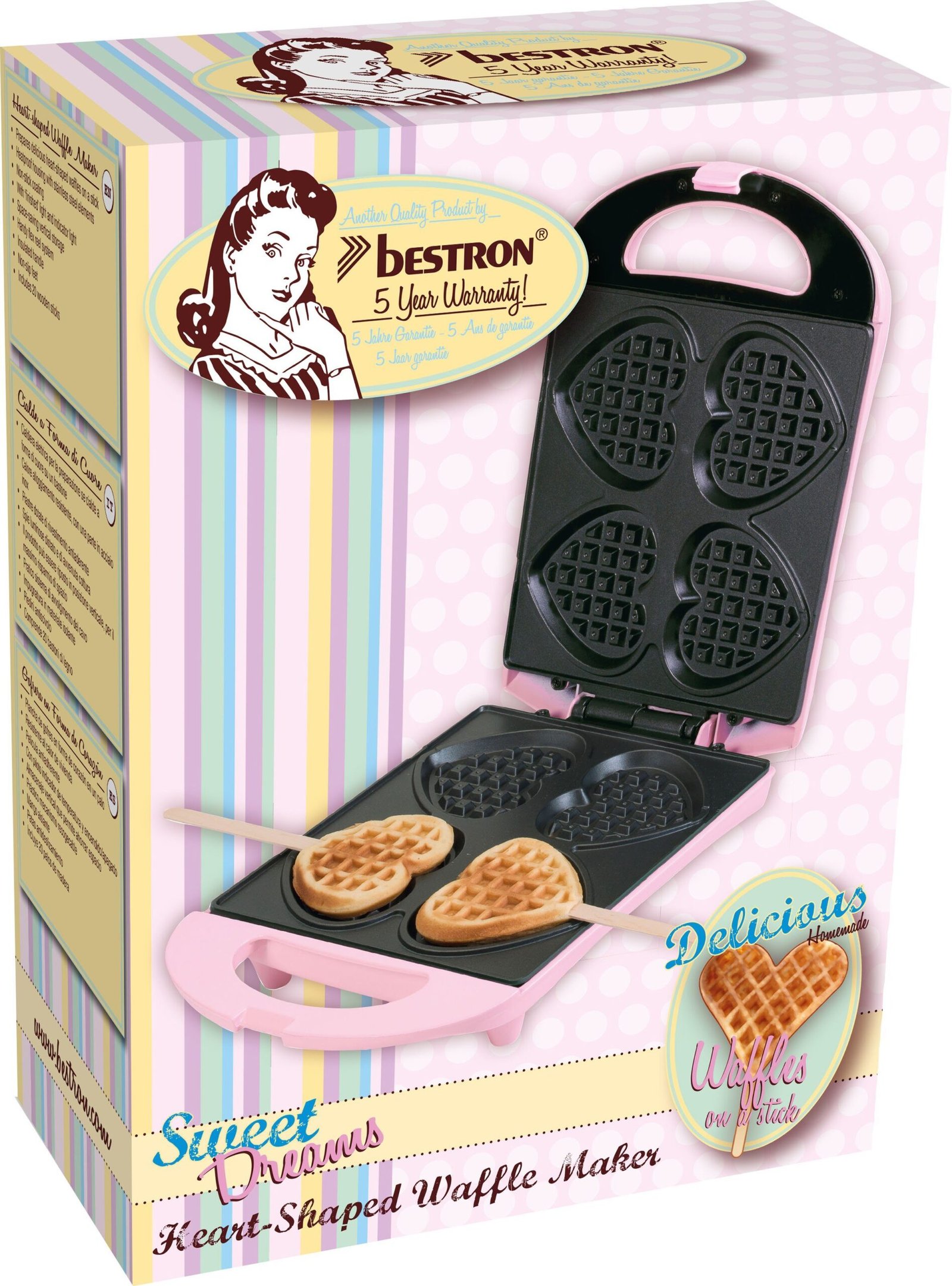 bestron Herzwaffeleisen bestron Waffeleisen DSW271 für Herzwaffeln am Stiel, 780 W, für Herzwaffeln am Stiel, Retro Design DSW271P rosa