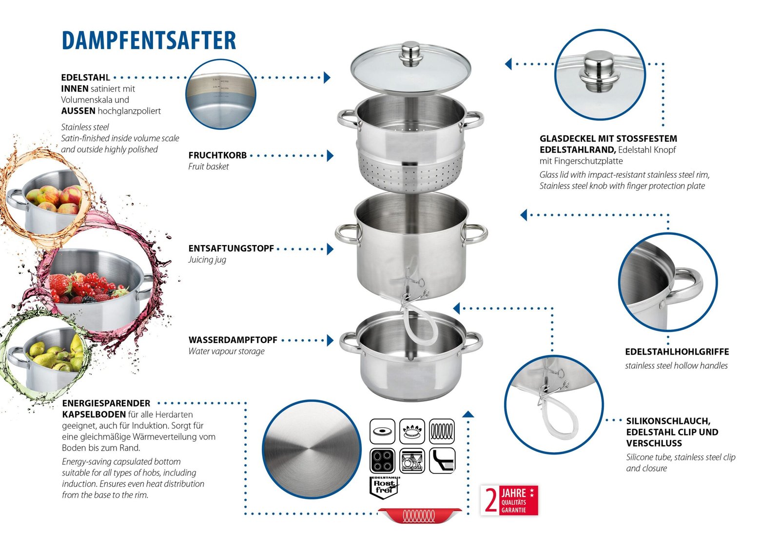 Einkochtopf Entsafter Galactica, Edelstahl (1-tlg), Ø 26 cm, Induktion Einkochtöpfe