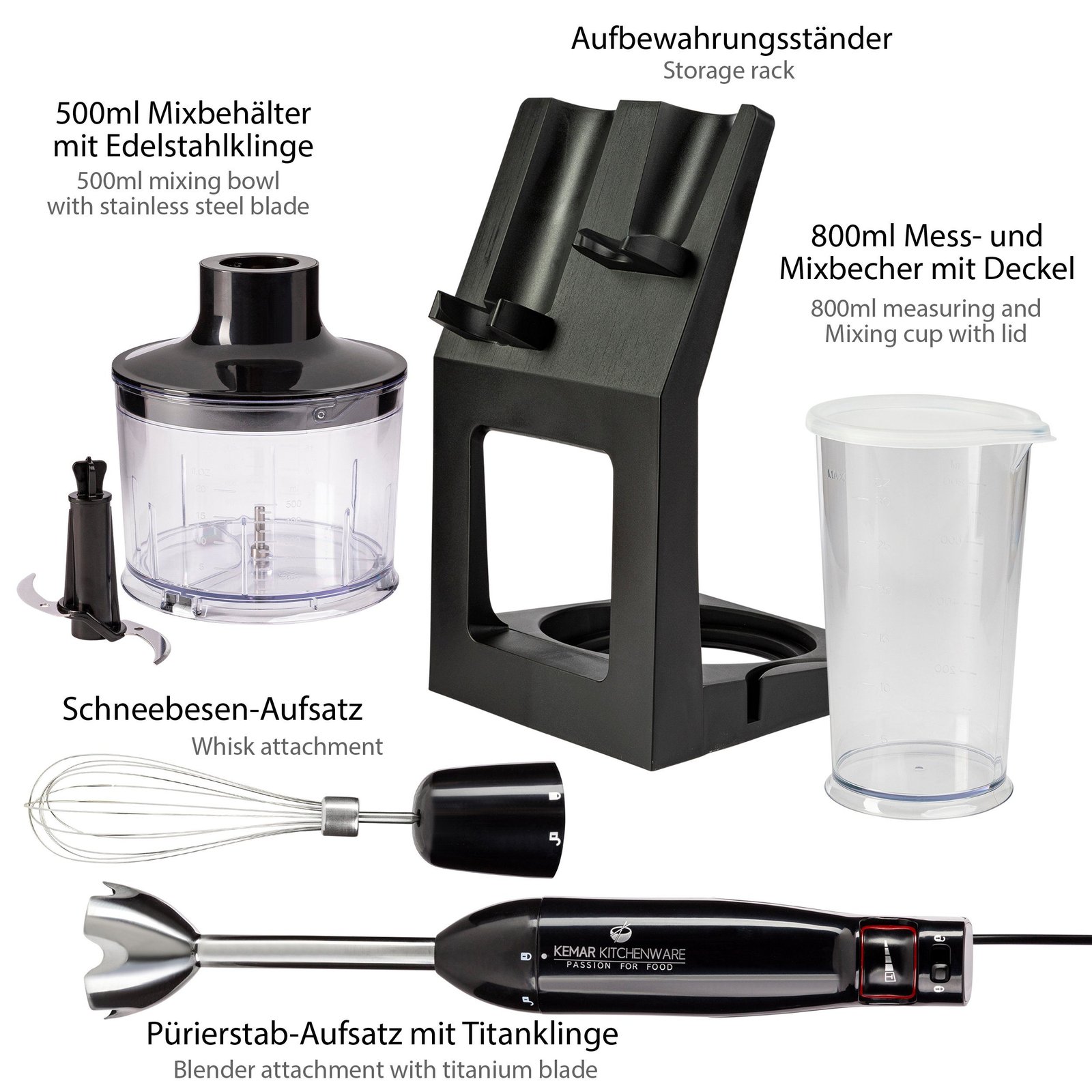 KeMar Kitchenware Stabmixer KSM-1000 Stabmixer-Set, 1000 W, 17.000 U/min Aufbewahrungsständer Messbecher Titan Klinge Stabmixer KeMar Kitchenware