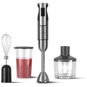 KLAMER Stabmixer Set 800 Watt, 4 in 1 Pürierstab Edelstahl mit stufenloser Geschwindig…, 800 W, Kindersicher, stufenlos regelbar, Quick-Lock-Turn-System, 4 Klingen KLAMER Stabmixer