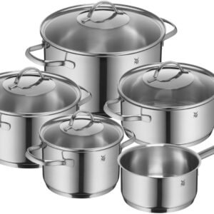 WMF Topf-Set Provence Plus Induktion, Kochtopf Set unbeschichtet mit Glasdeckel, Cromargan® Edelstahl Rostfrei 18/10 (Set, 9-tlg., Bratentopf Ø 20 cm, Fleischtopf Ø 16/20/24 cm, Stielkasserolle Ø 16 cm), für alle Herdarten geeignet, Cromargan Edelstahl poliert Gemüsetöpfe WMF