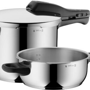 WMF WMF Schnellkochtopf Perfect RDS, Cromargan® Edelstahl Rostfrei 18/10 (2-tlg., 1 Dampf-Druckkochtopf (V 6,5l, Ø 22cm), 1 Bratpfanne (V 3,0l, Ø 22cm), Dampfkochtopf mit abnehmbarem Deckelgriff, Induktion Schnellkochtöpfe