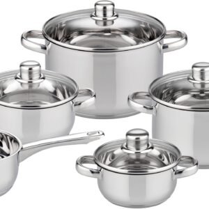 Elo Basic Topfsets Elo Basic Topf-Set Galactica, Edelstahl 201 (Set, 9-tlg., je 1 x Kochtopf mit Deckel Ø 14/16/20/24 cm, 1 Stielkasserolle Ø 16 cm), Induktion