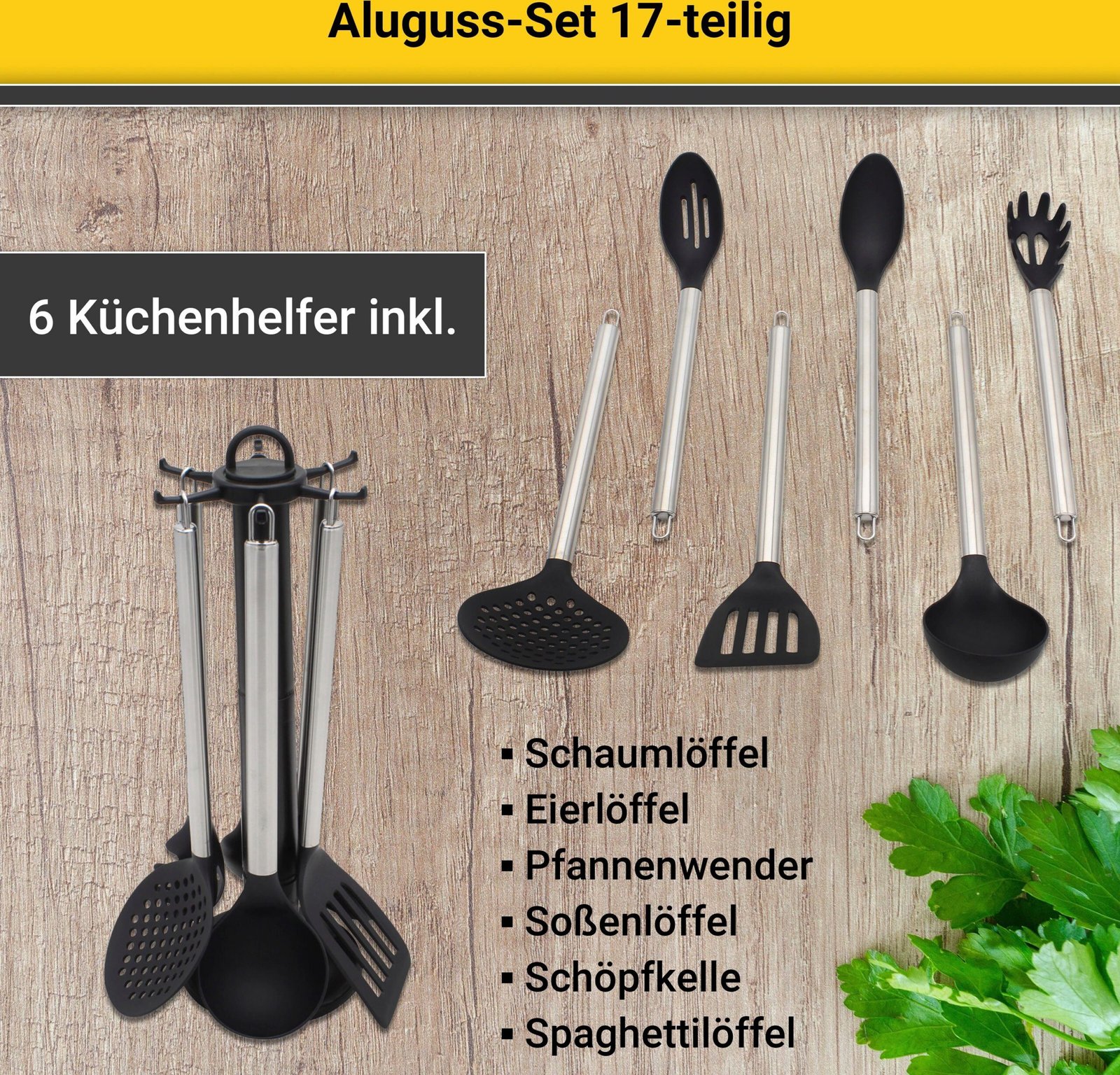Krüger Topf-Set Aluguss Topf- und Pfannenset inkl. praktischen Küchenhelfern, 17 tlg., Aluminiumguss (Set, 17-tlg., Fleischtopf 16/18/20/24cm, Stieltopf 16cm Steakpfanne 7 T.Küchenhelfer), inkl. 7-tlg. Küchenhelfer-Set lila Kru00FCger Topfsets