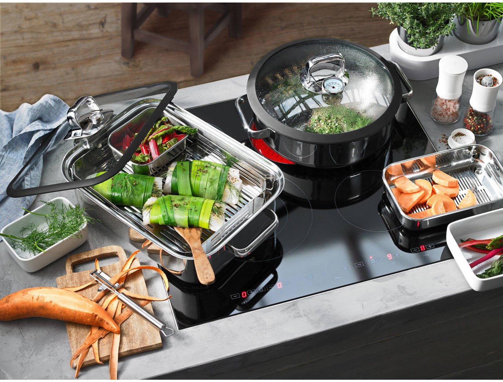 Dampfgartöpfe WMF WMF Dampfgartopf Vitalis, Bräter Induktion, Cromargan® Edelstahl Rostfrei 18/10 (1-tlg), Dampfgarer mit integriertem Thermometer, backofengeeignet