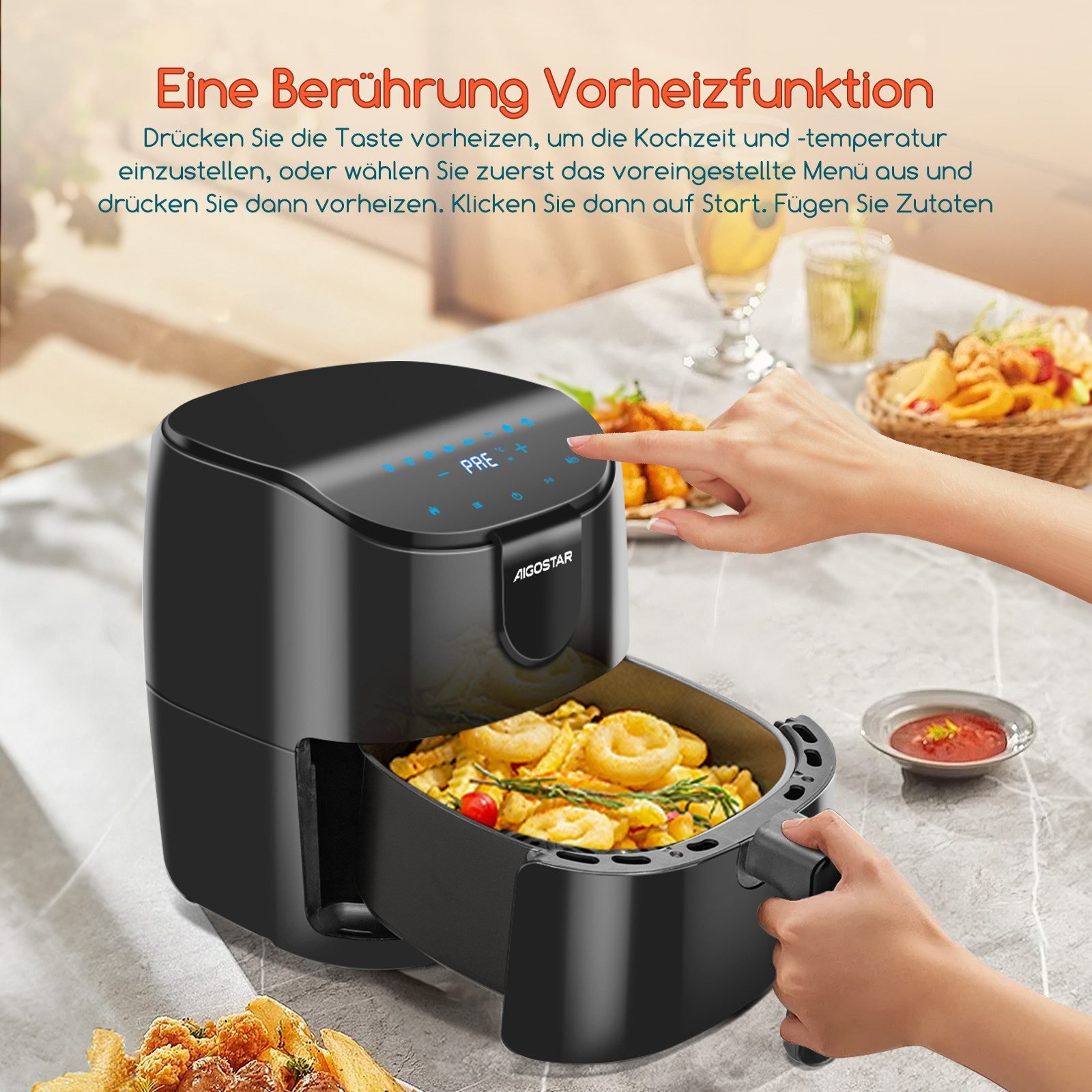 Aigostar Aigostar Heißluftfritteuse 4L, 9 Programme Air Fryer, LED-Touchscreen, ölfrei Heissluftfriteuse, 1500,00 W, 1H Timer, Intelligente Vorheizfunktion & Shake-Erinnerung Heißluftfritteusen