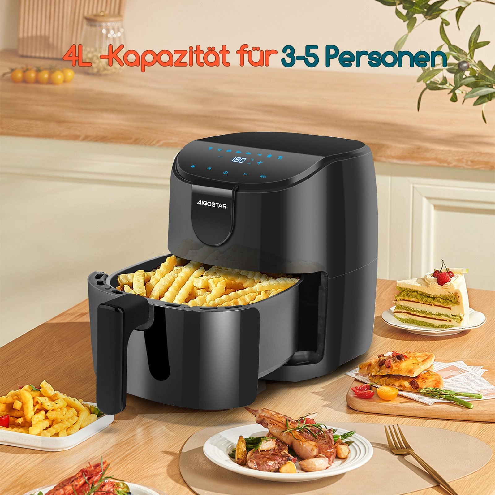 Aigostar Aigostar Heißluftfritteuse 4L, 9 Programme Air Fryer, LED-Touchscreen, ölfrei Heissluftfriteuse, 1500,00 W, 1H Timer, Intelligente Vorheizfunktion & Shake-Erinnerung Heißluftfritteusen