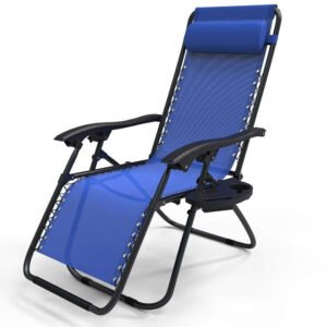 Vounot Chaise longue inclinable en textilene avec porte gobelet et portable bleu Meubles de jardin
